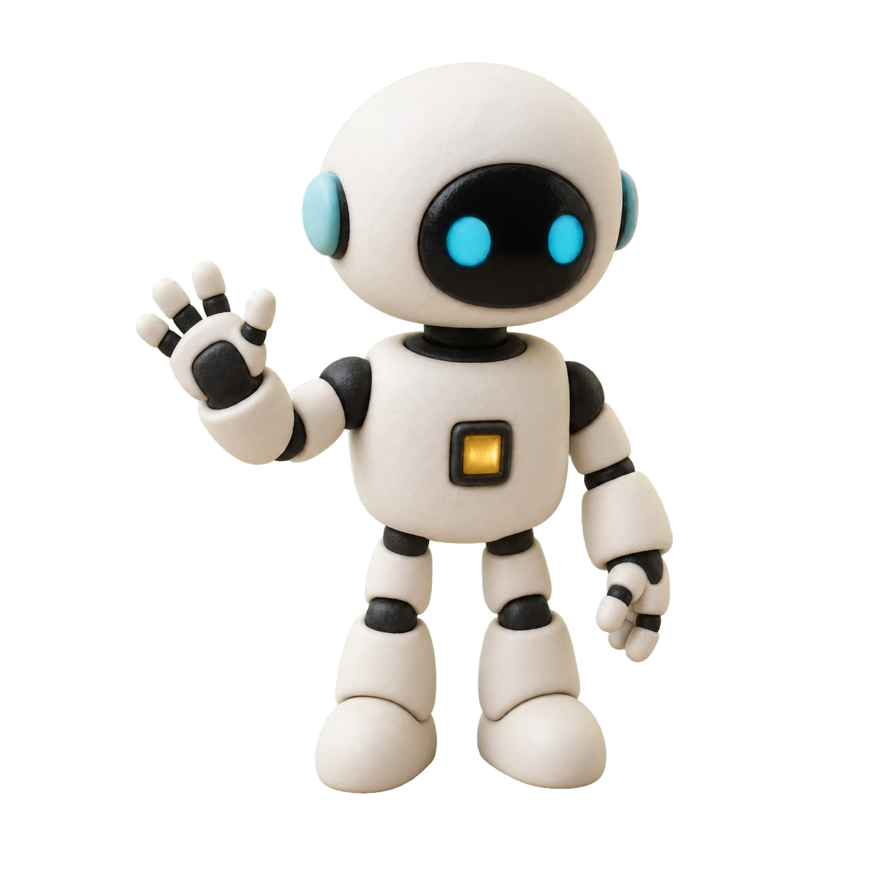 abass, a friendly clay robot guide, waving