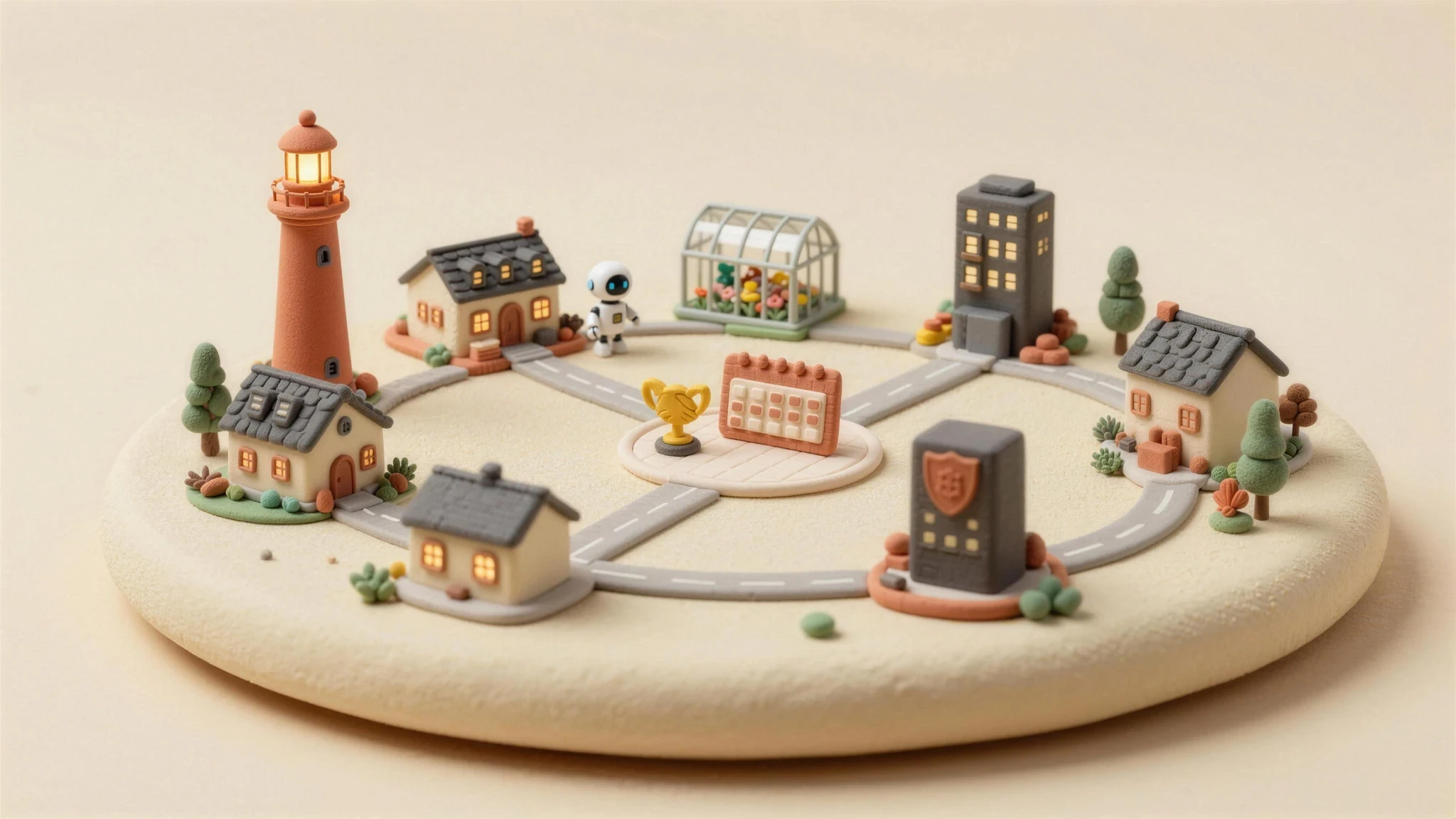 A claymation island with a lighthouse, workshop, observatory, greenhouse, and trophy plaza